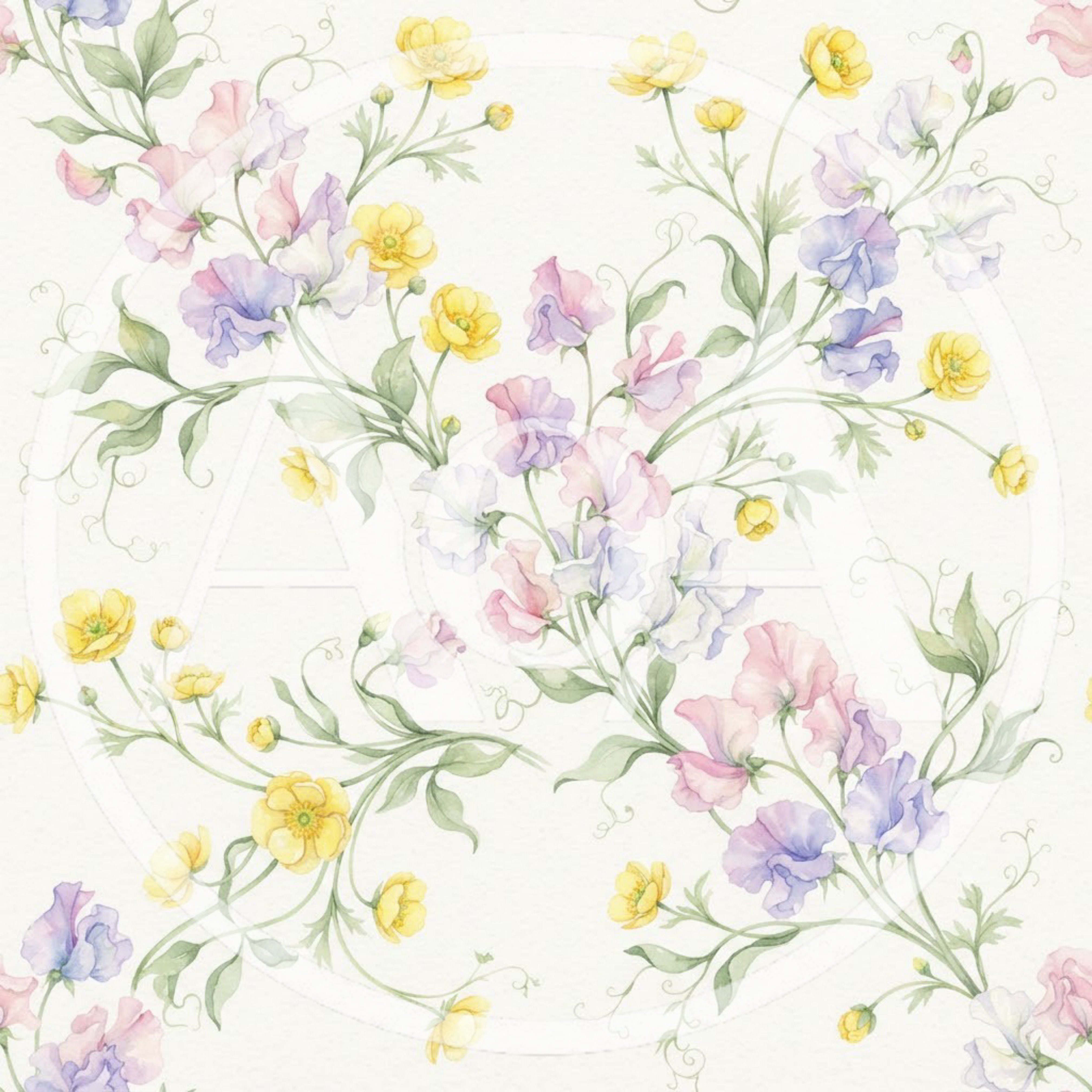 Watercolor Floral Pattern With Sweet Peas And Buttercups