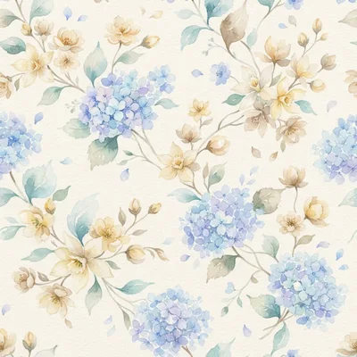 Watercolor Floral Pattern With Hydrangeas And Yellow Flowers