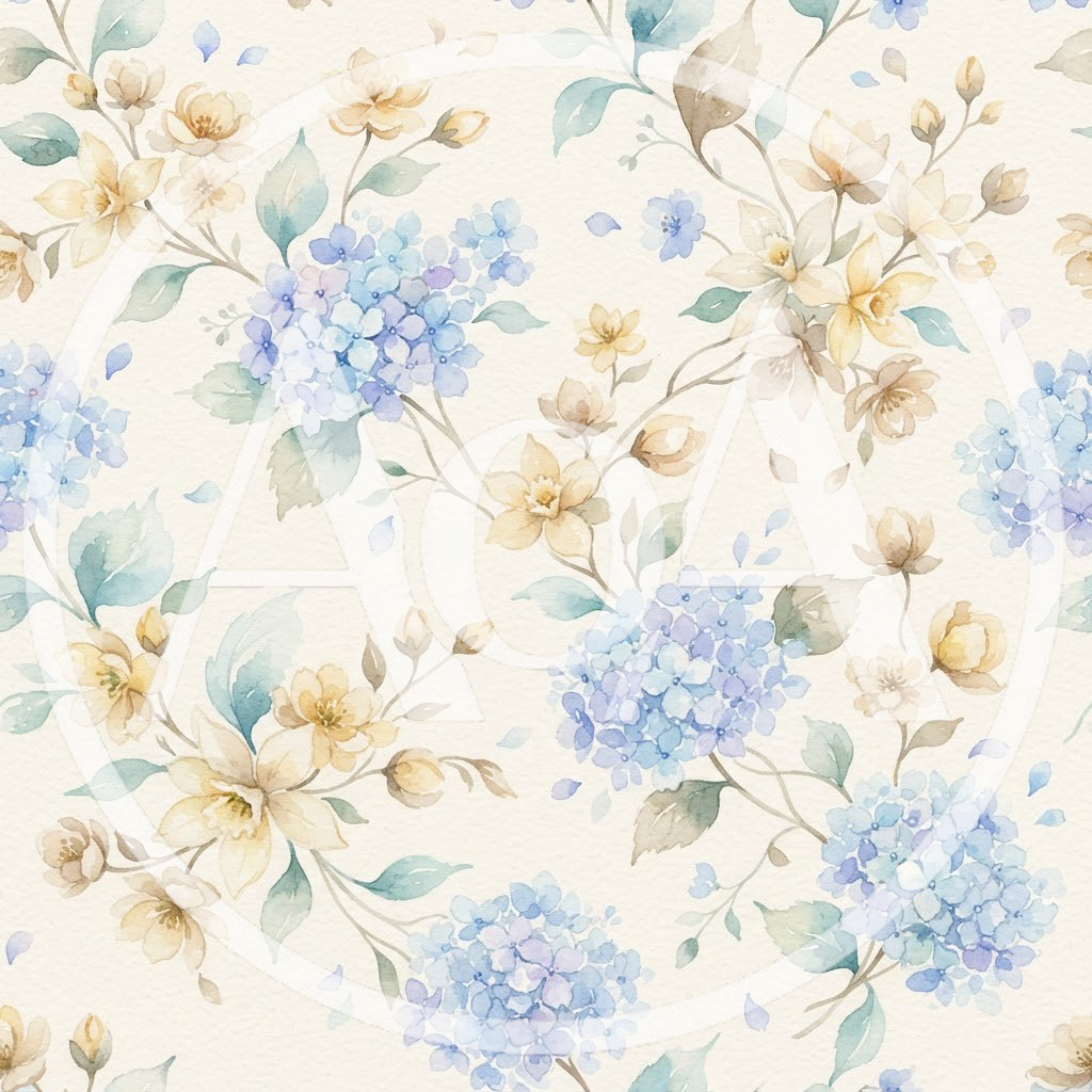 Watercolor Floral Pattern With Hydrangeas And Yellow Flowers