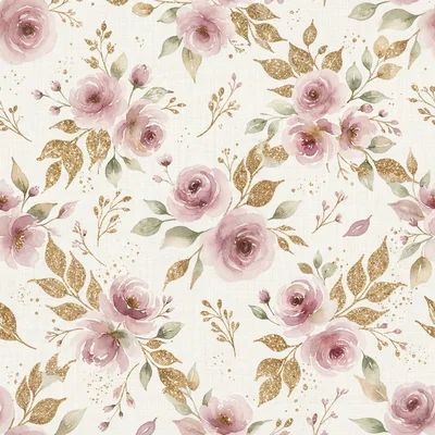Seamless Watercolor Floral Pattern With Gold Glitter Leaves