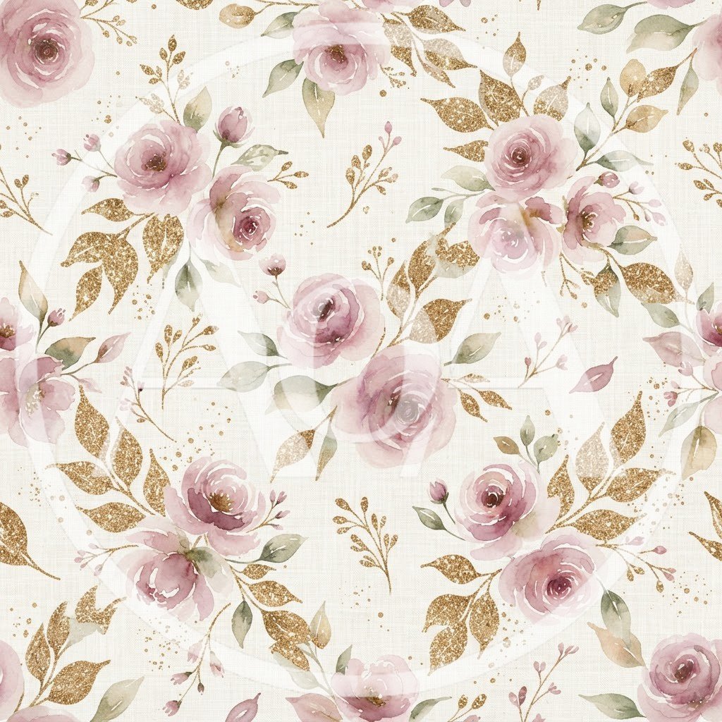Seamless Watercolor Floral Pattern With Gold Glitter Leaves