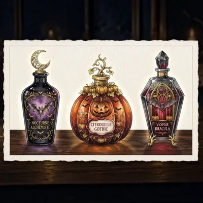 Three Decorative Halloween Potion Bottles On Wooden Table