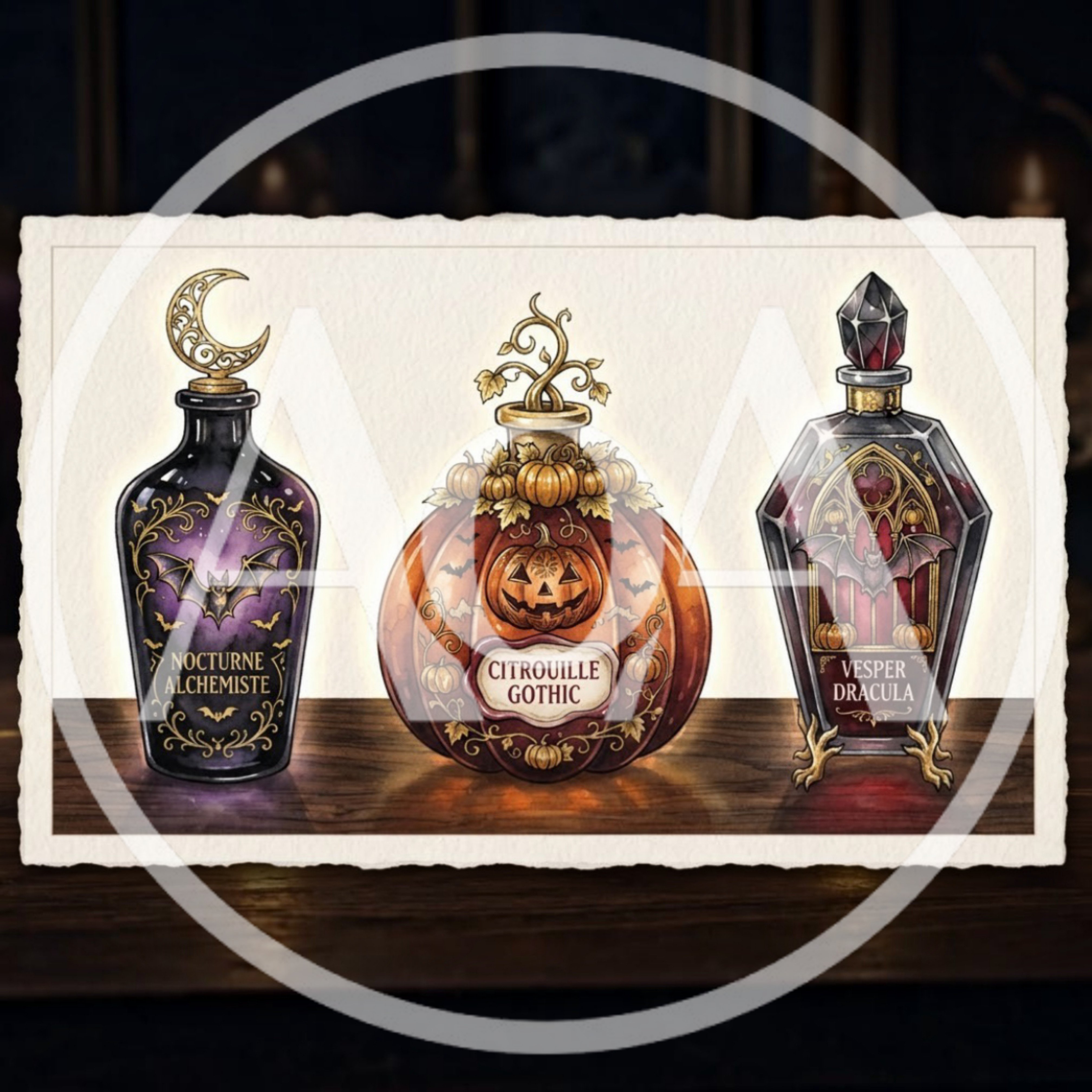 Three Decorative Halloween Potion Bottles On Wooden Table