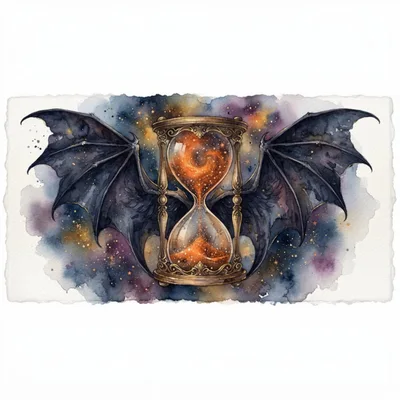 Watercolor Illustration Of An Hourglass With Bat Wings