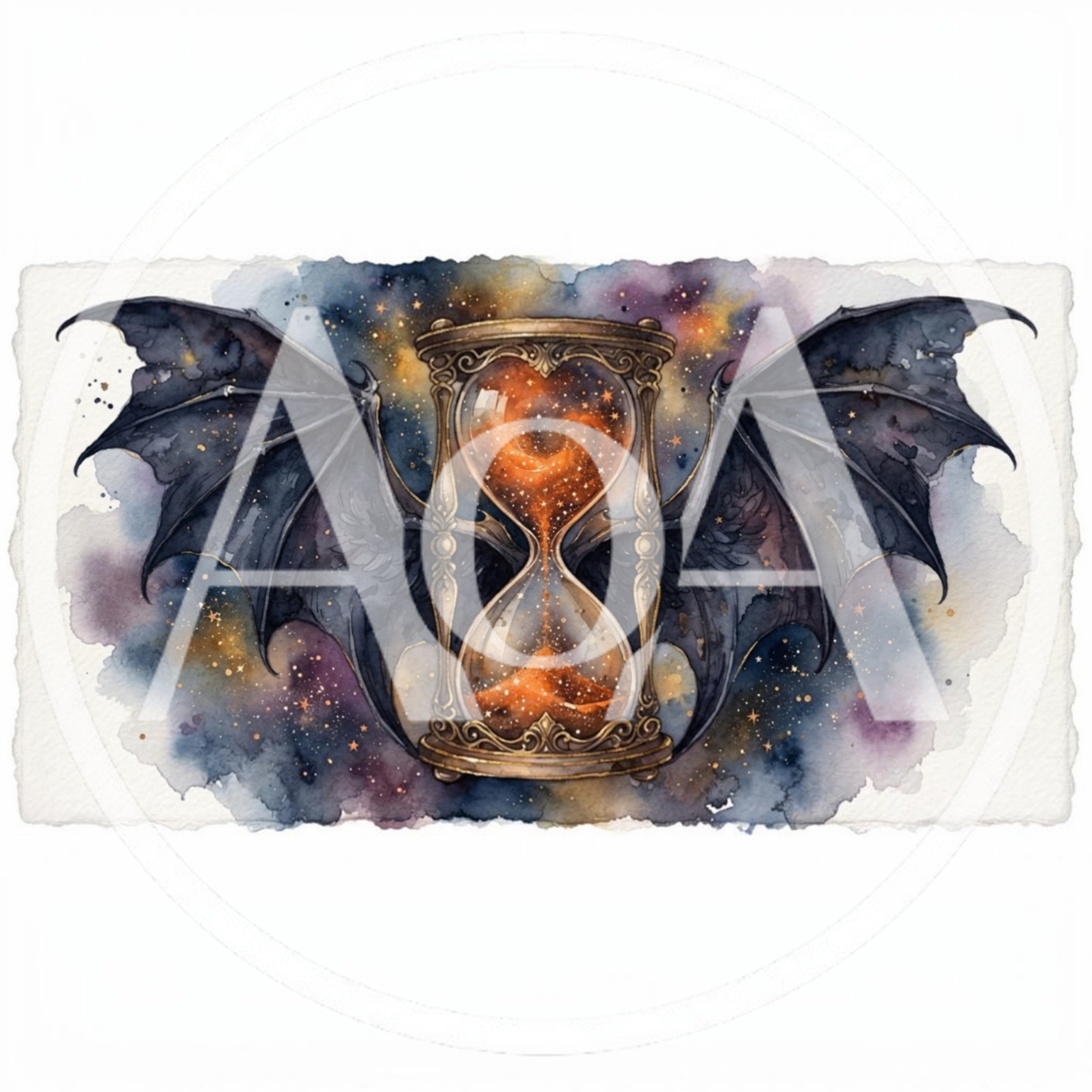 Watercolor Illustration Of An Hourglass With Bat Wings