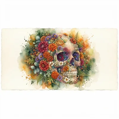 Watercolor Skull Adorned With Vibrant Autumn Flowers