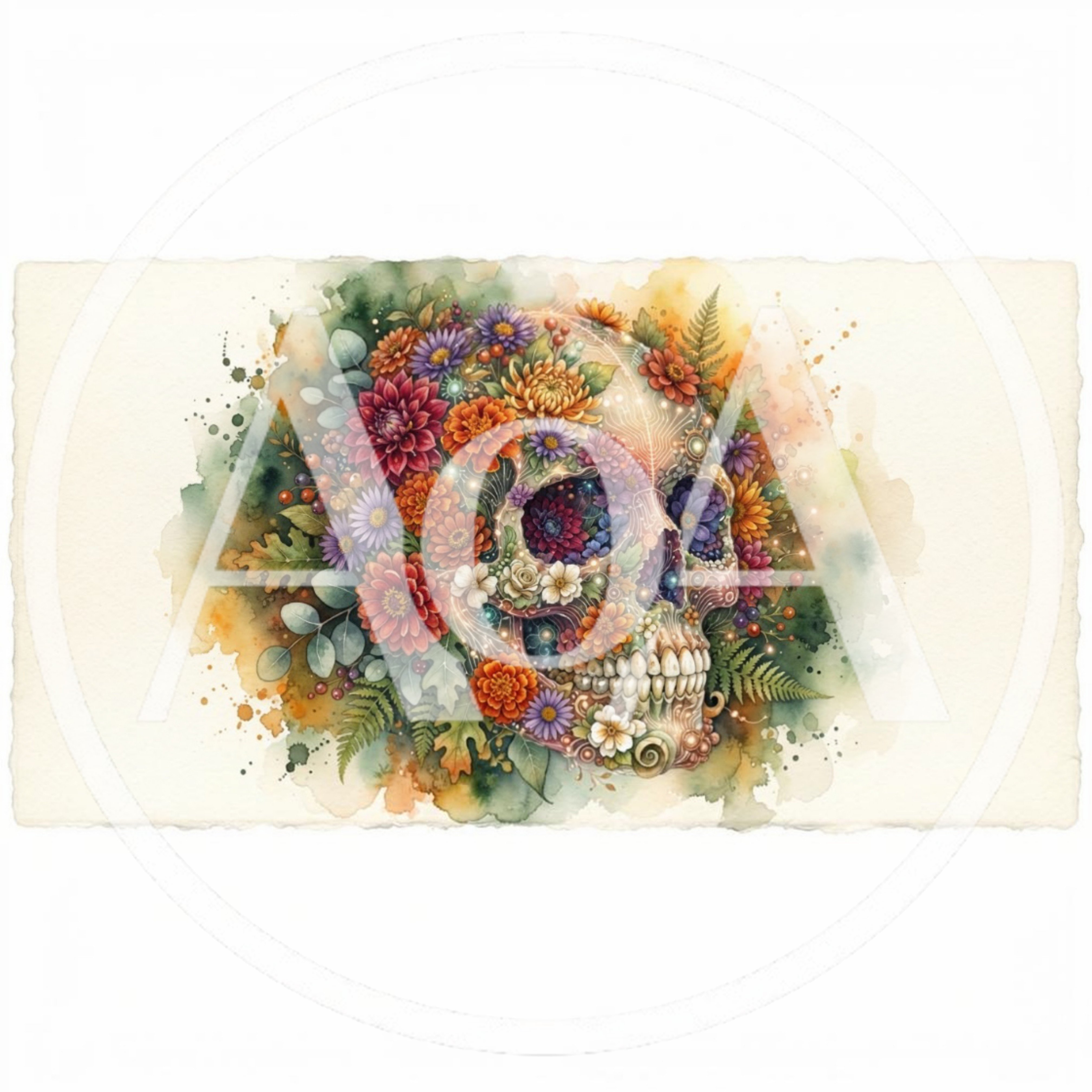 Watercolor Skull Adorned With Vibrant Autumn Flowers