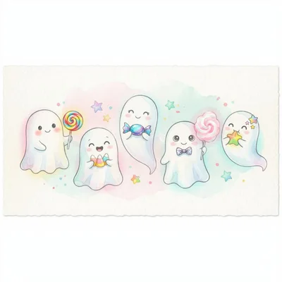 Cute Watercolor Ghosts With Halloween Candy