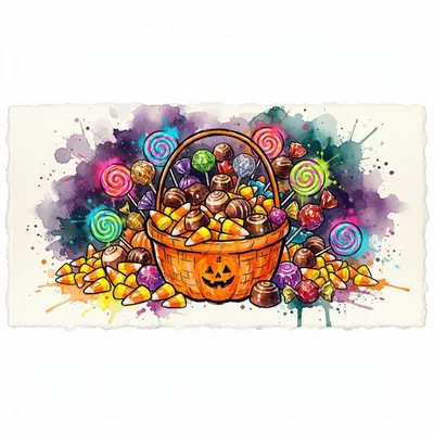 Watercolor Illustration Of A Halloween Candy Basket