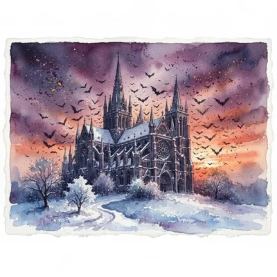 Watercolor Gothic Cathedral With Swarm Of Bats