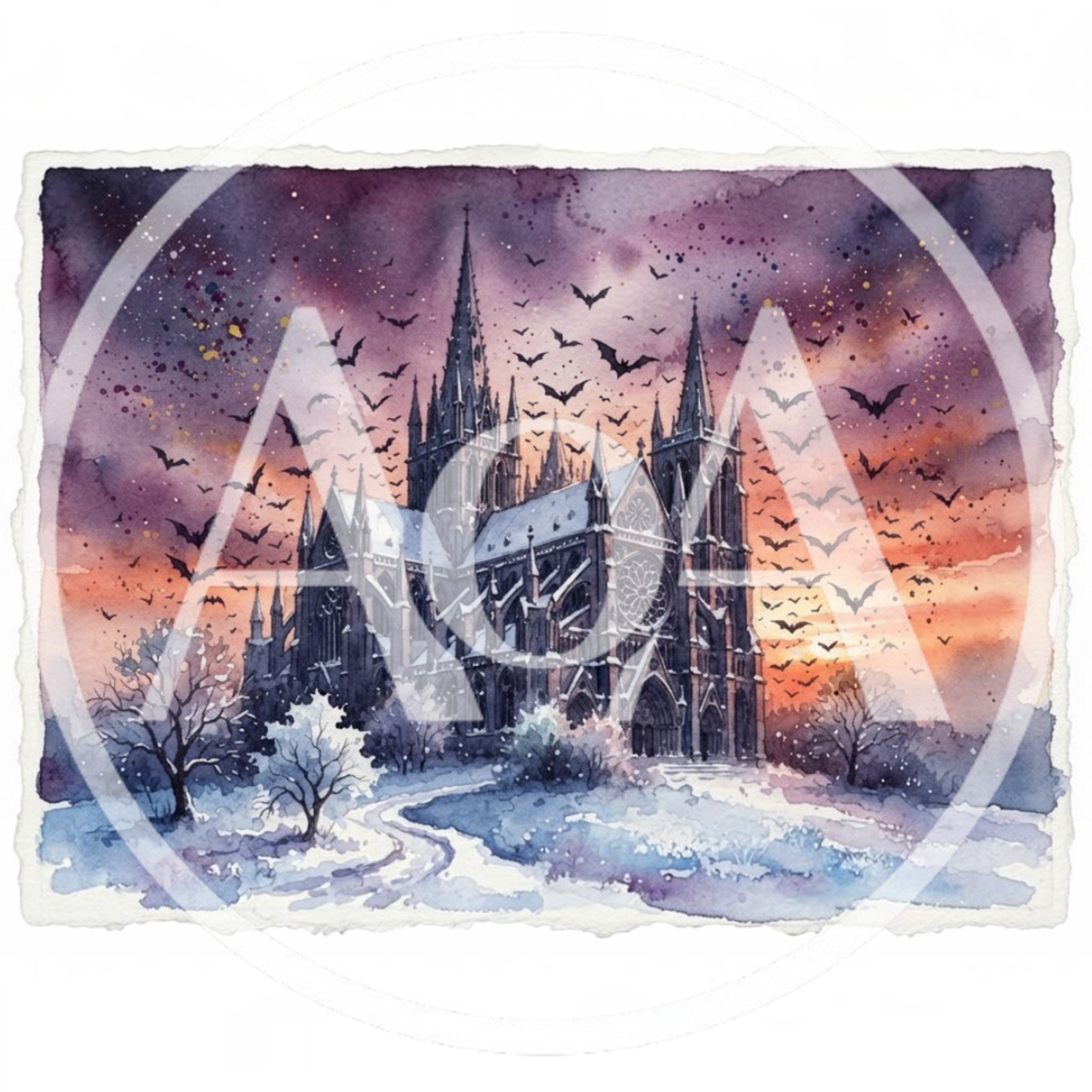 Watercolor Gothic Cathedral With Swarm Of Bats