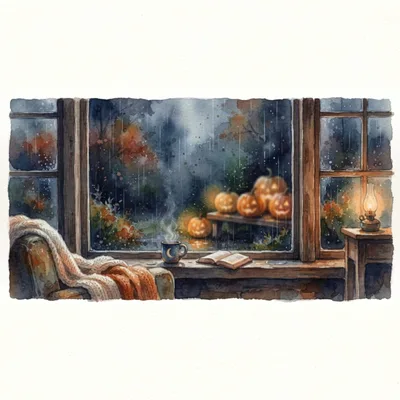 Cozy Rainy Window View With Pumpkins And Book