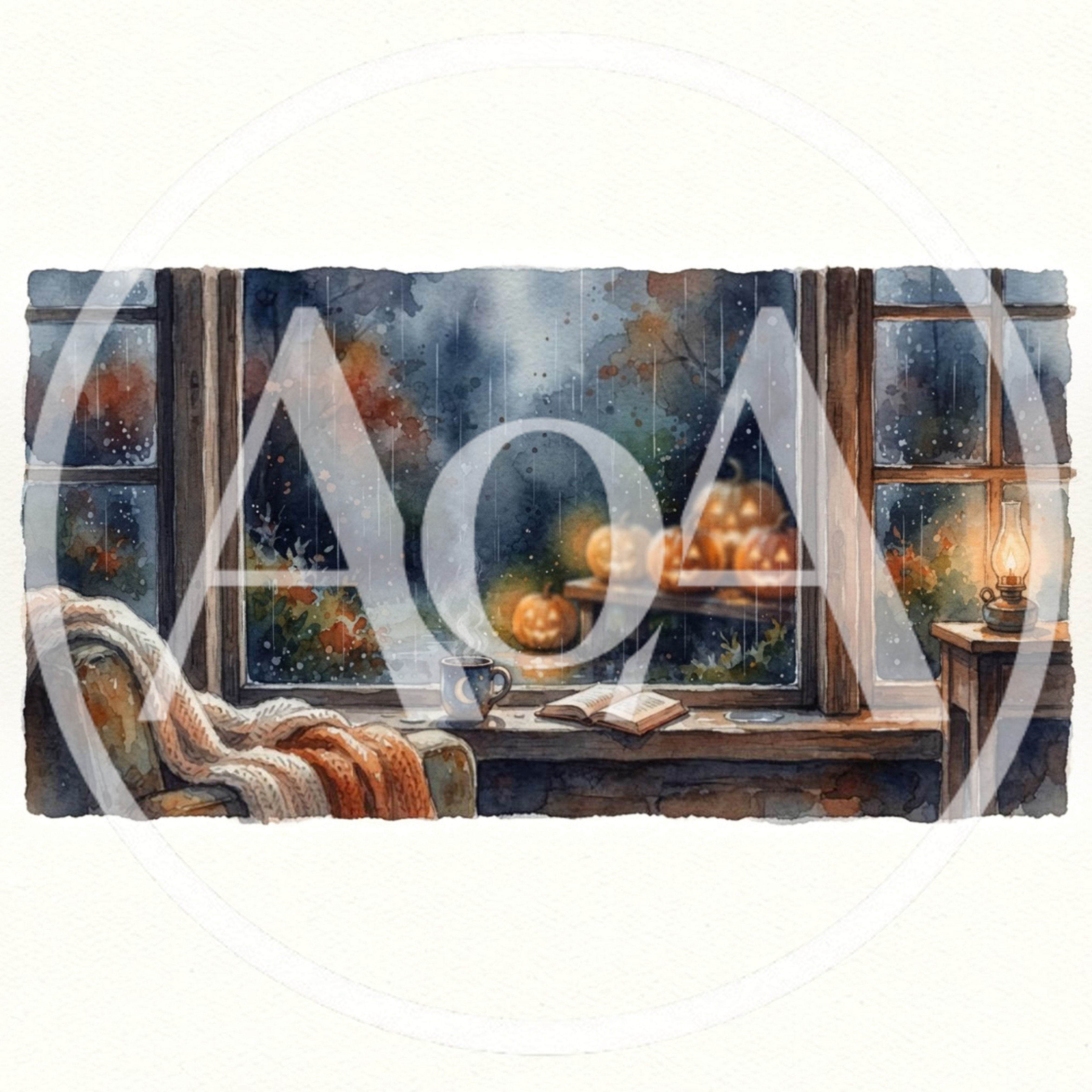 Cozy Rainy Window View With Pumpkins And Book