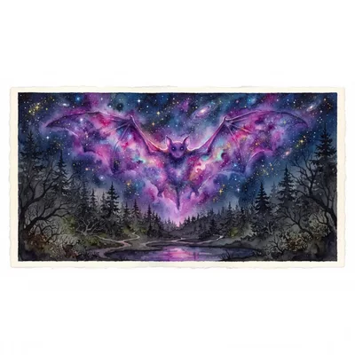 Watercolor Illustration Of A Cosmic Bat Over Forest