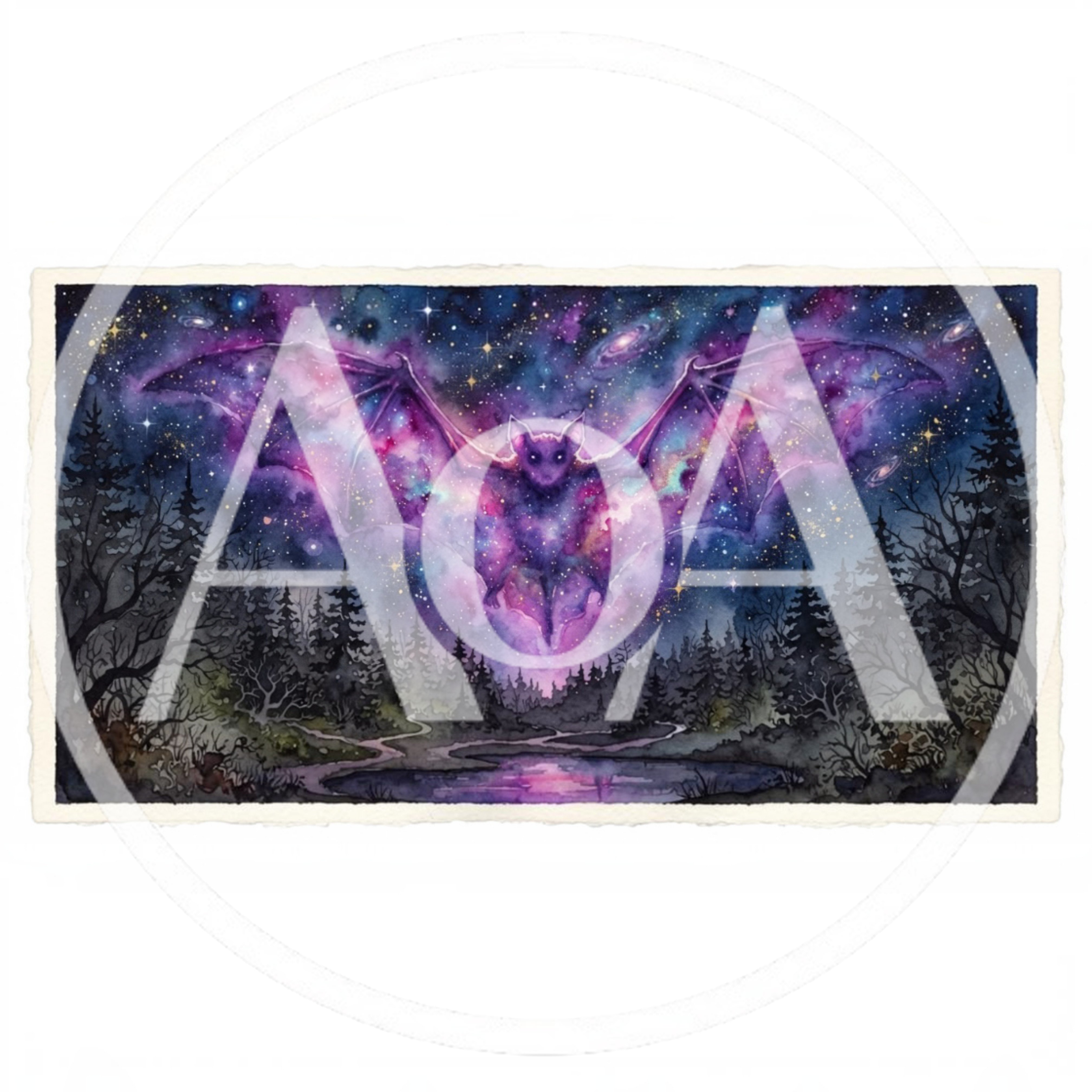 Watercolor Illustration Of A Cosmic Bat Over Forest