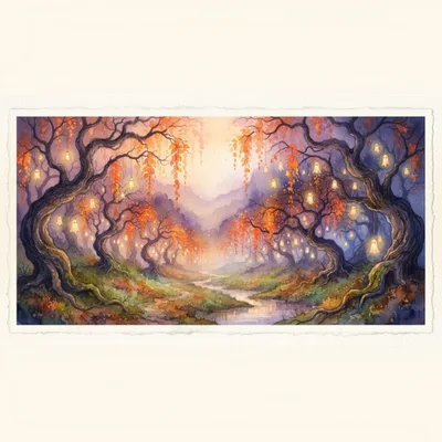 Whimsical Watercolor Forest With Hanging Ghost Lanterns