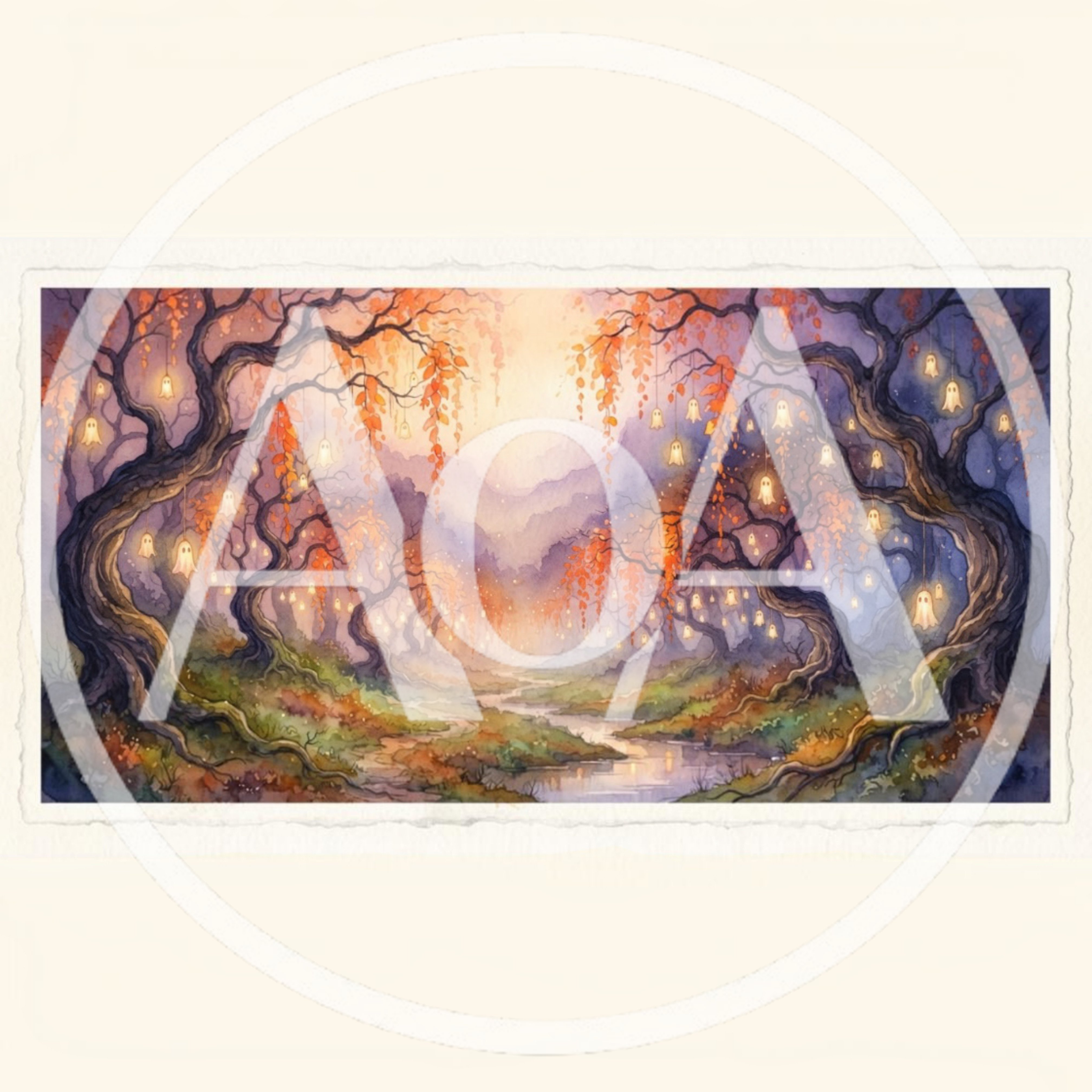 Whimsical Watercolor Forest With Hanging Ghost Lanterns