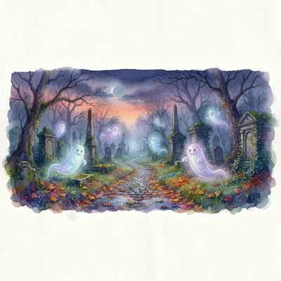 Whimsical Watercolor Illustration Of Friendly Ghosts In Graveyard