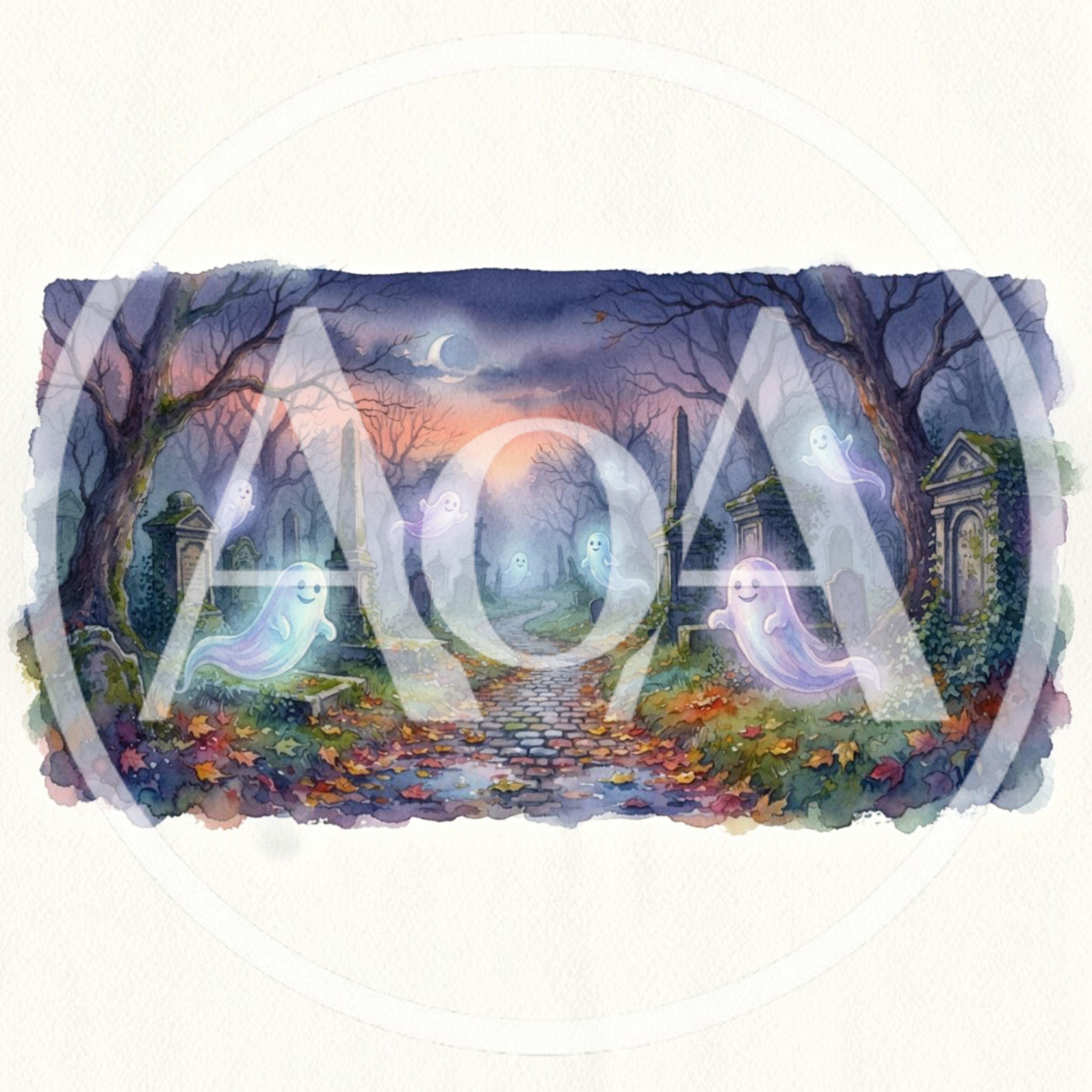 Whimsical Watercolor Illustration Of Friendly Ghosts In Graveyard