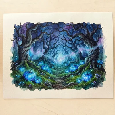 Watercolor Illustration Of A Magical Enchanted Pumpkin Forest