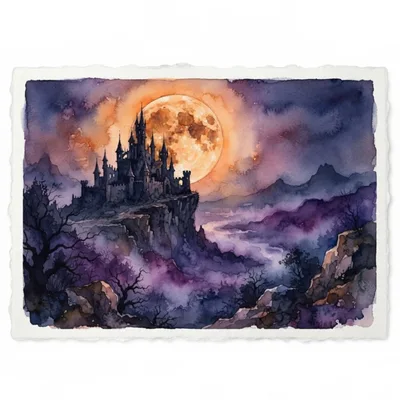 Watercolor Illustration Of A Gothic Castle Under Full Moon