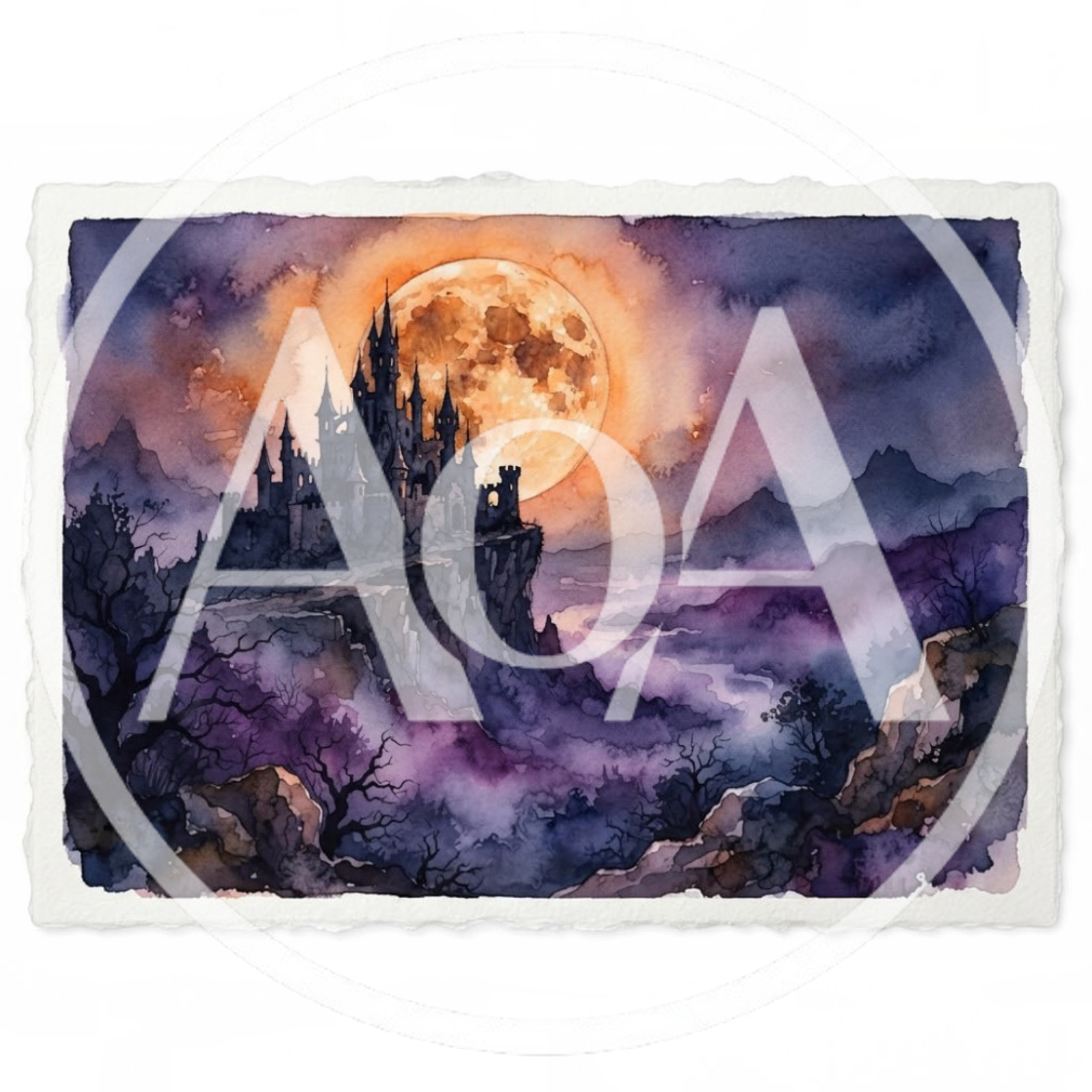 Watercolor Illustration Of A Gothic Castle Under Full Moon