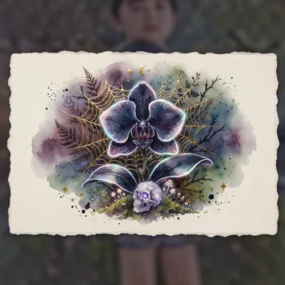 Watercolor Illustration Of A Dark Orchid And Skull
