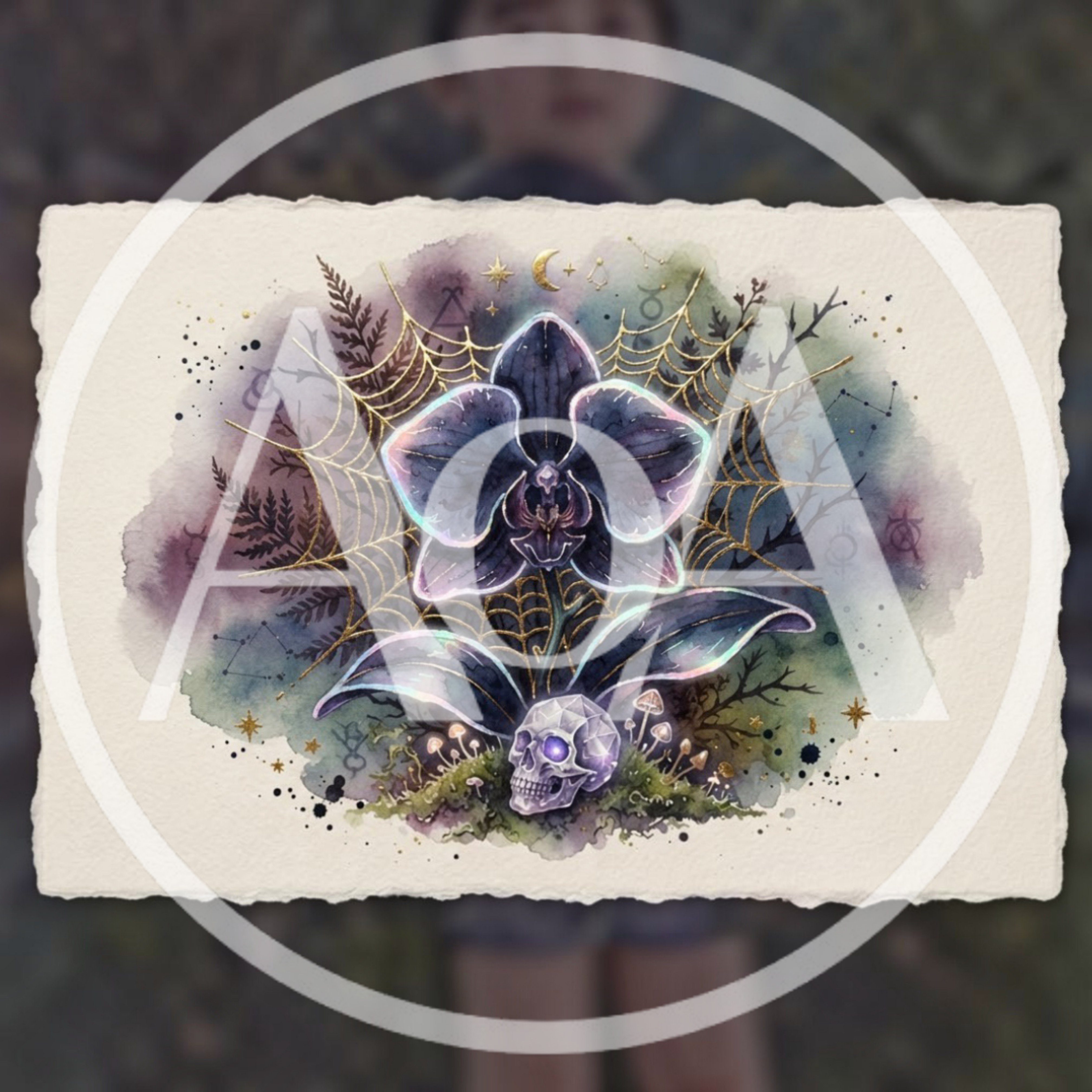 Watercolor Illustration Of A Dark Orchid And Skull