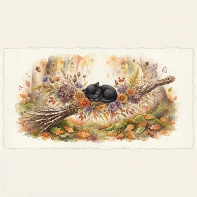 Watercolor Illustration Of A Sleeping Black Kitten On A Broomstick