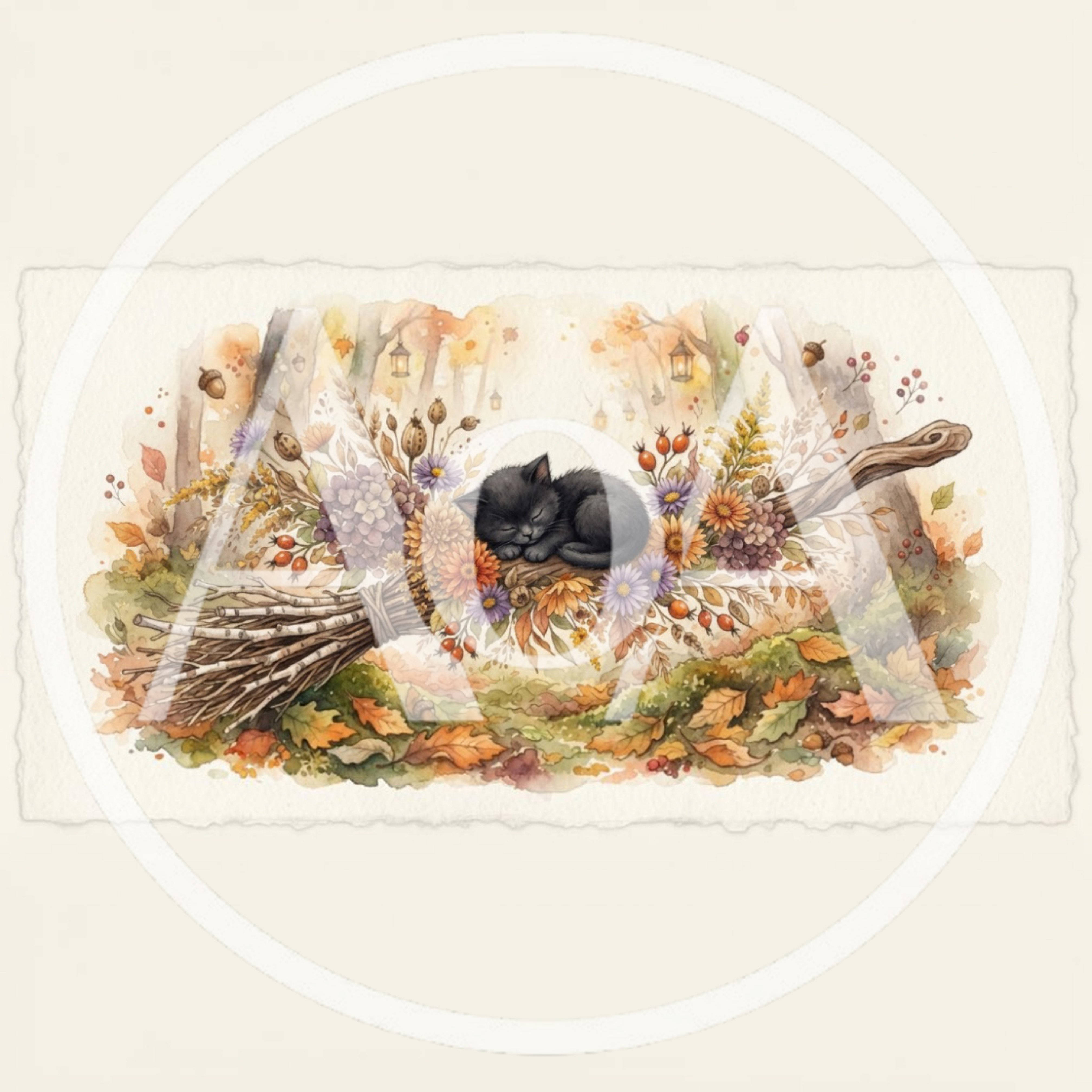 Watercolor Illustration Of A Sleeping Black Kitten On A Broomstick