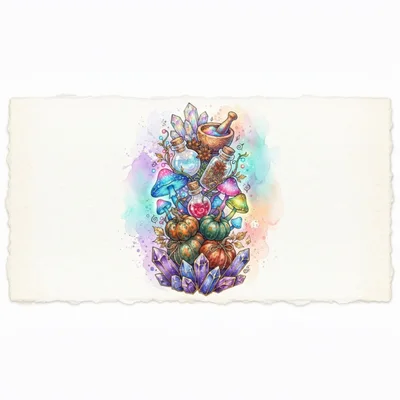Watercolor Illustration Of Magical Witchcraft Supplies And Crystals