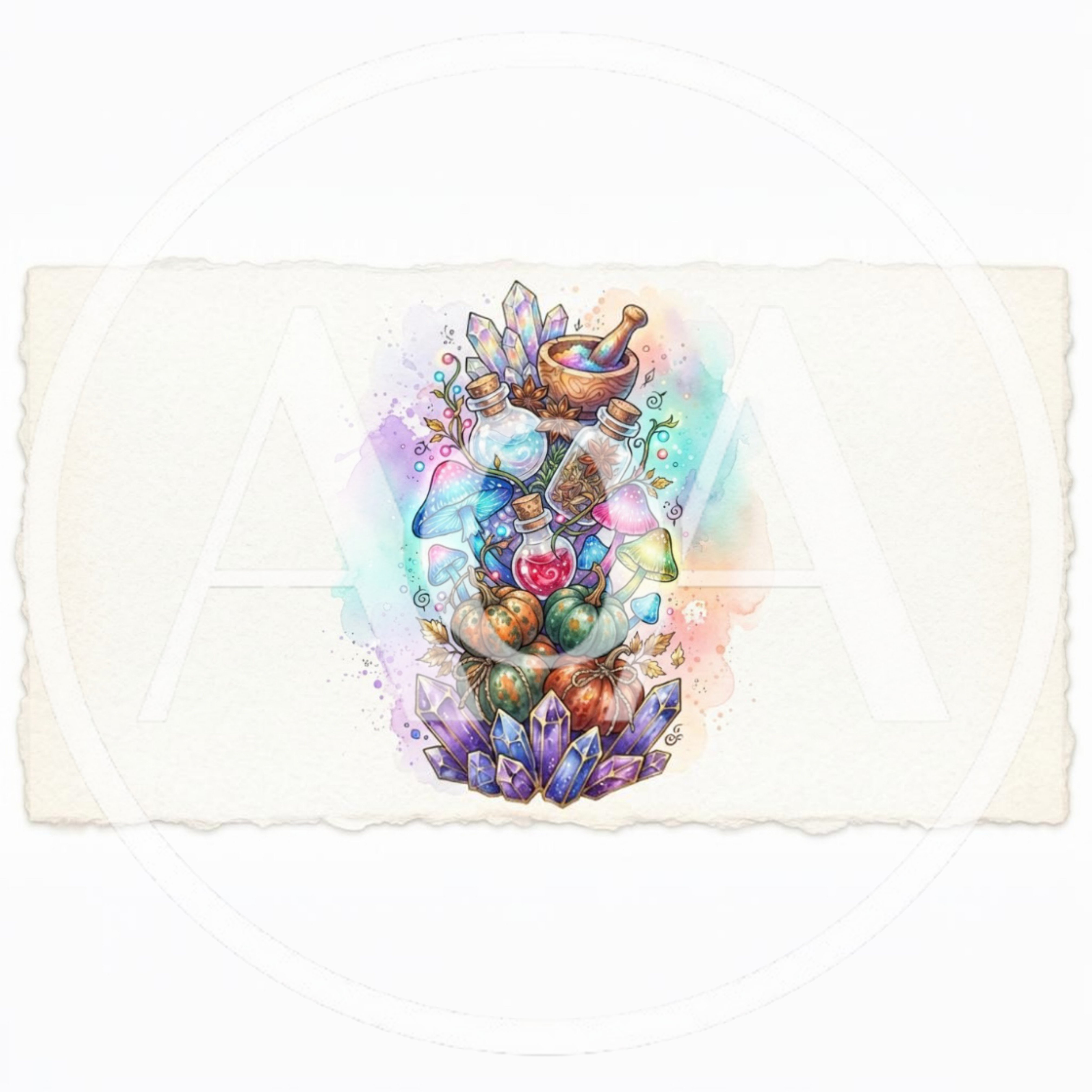 Watercolor Illustration Of Magical Witchcraft Supplies And Crystals