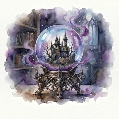 Watercolor Illustration Of A Haunted Castle Crystal Ball