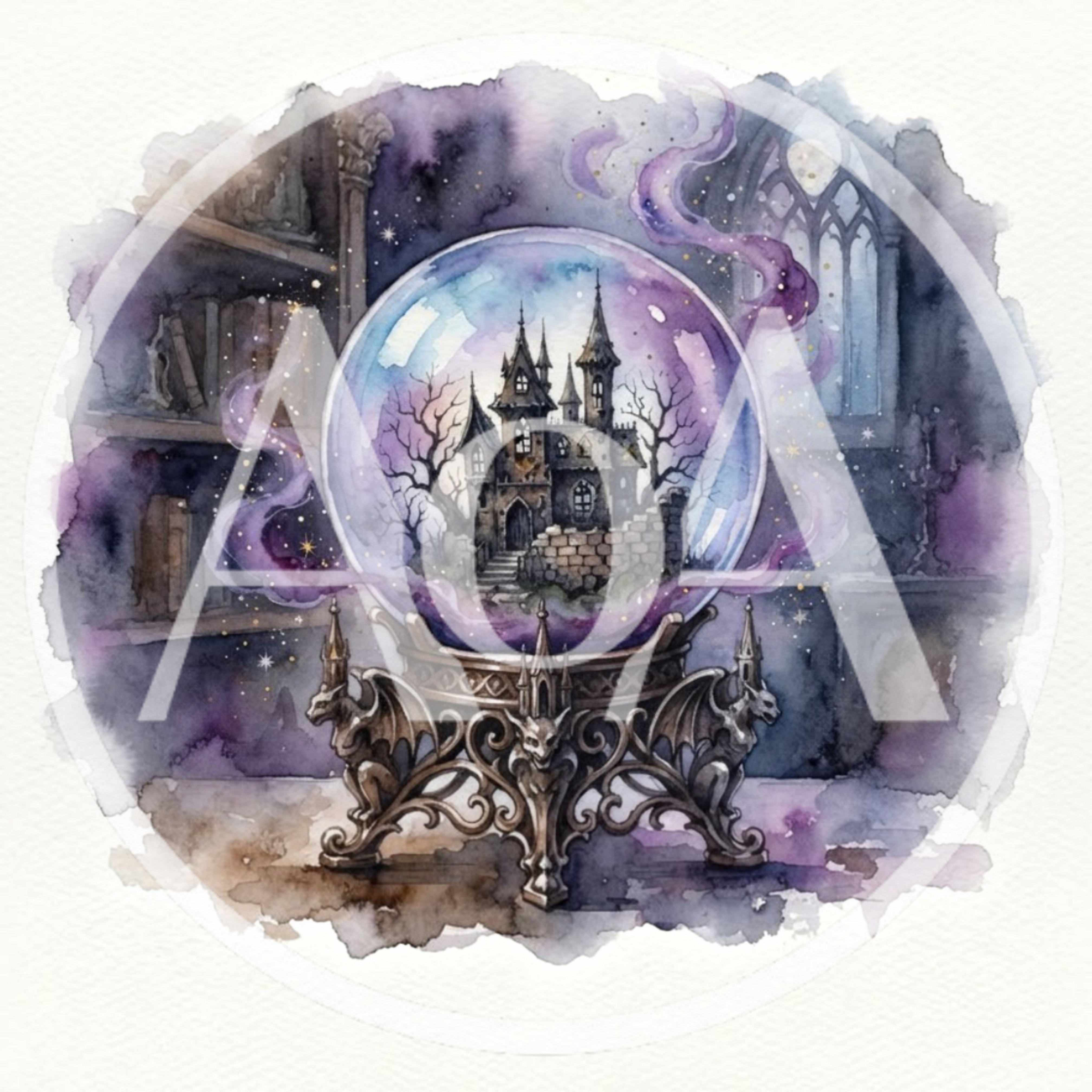 Watercolor Illustration Of A Haunted Castle Crystal Ball