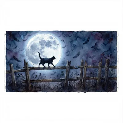 Watercolor Illustration Of A Black Cat On A Fence