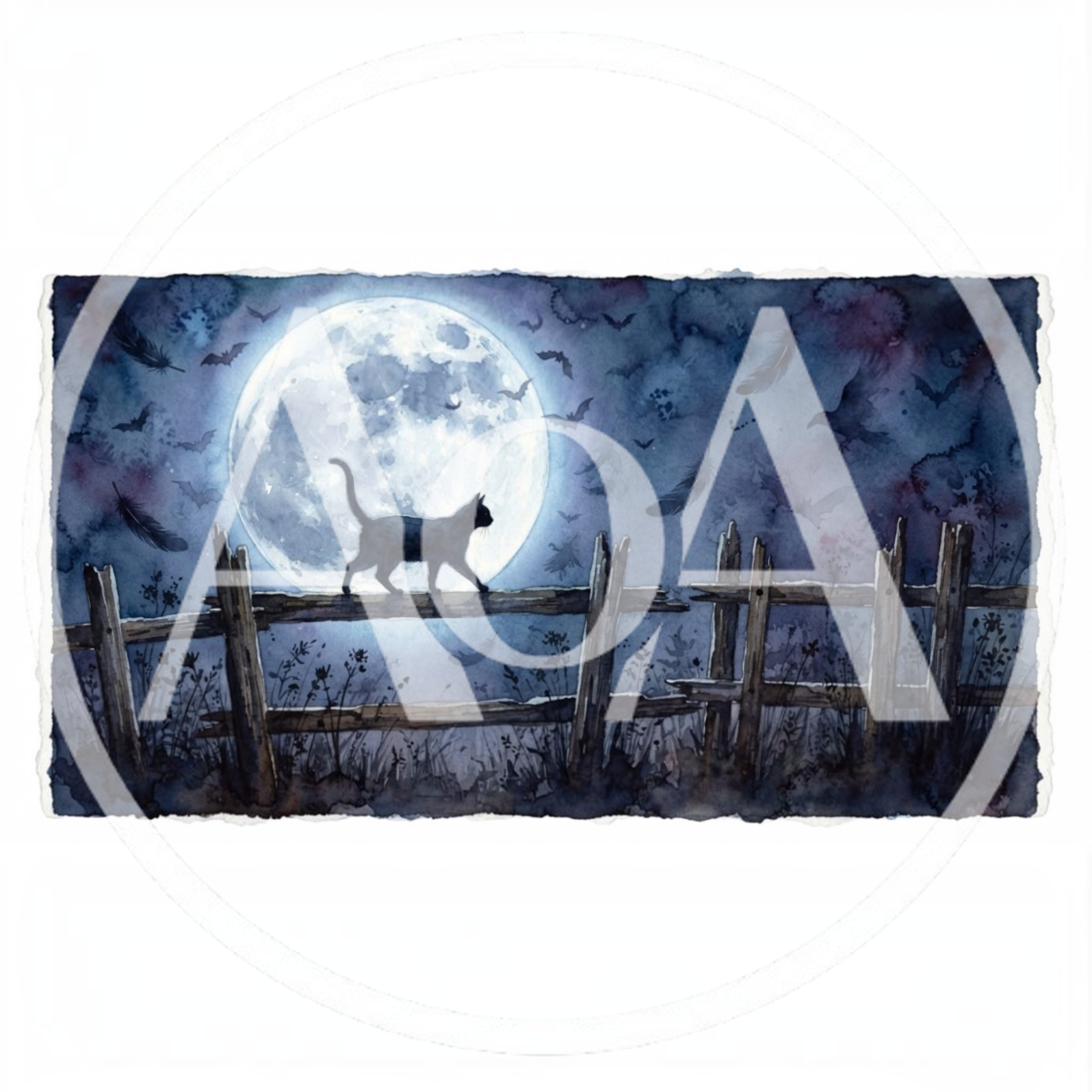 Watercolor Illustration Of A Black Cat On A Fence