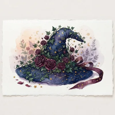 Watercolor Illustration Of A Magical Witch Hat With Roses