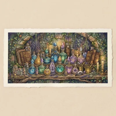 Watercolor Illustration Of Magical Alchemist Potion Bottles