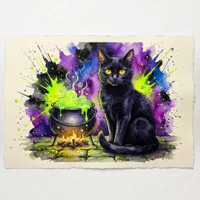 Watercolor Illustration of a Black Cat with Cauldron