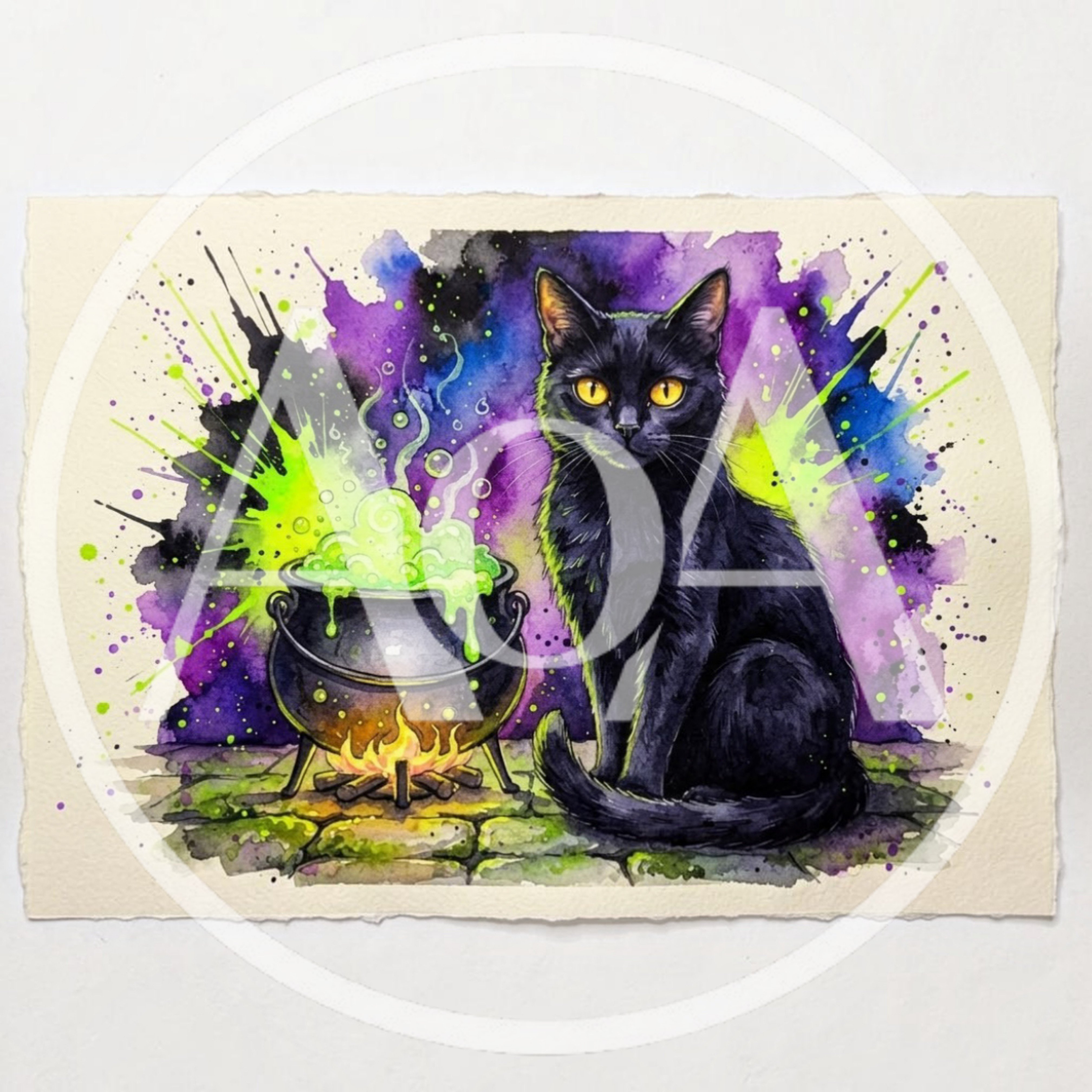 Watercolor Illustration of a Black Cat with Cauldron