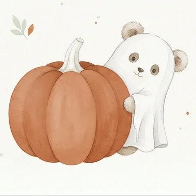 Cute Teddy Bear Dressed As A Ghost With Pumpkin