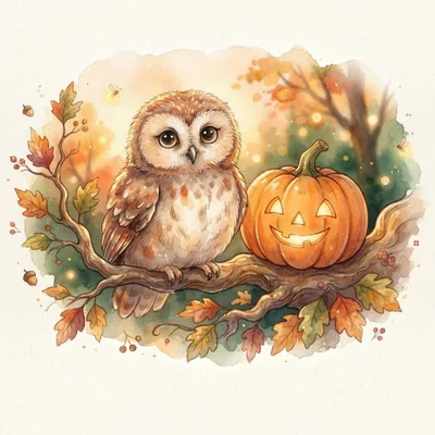 Watercolor Illustration Of A Cute Owl And Jack O Lantern