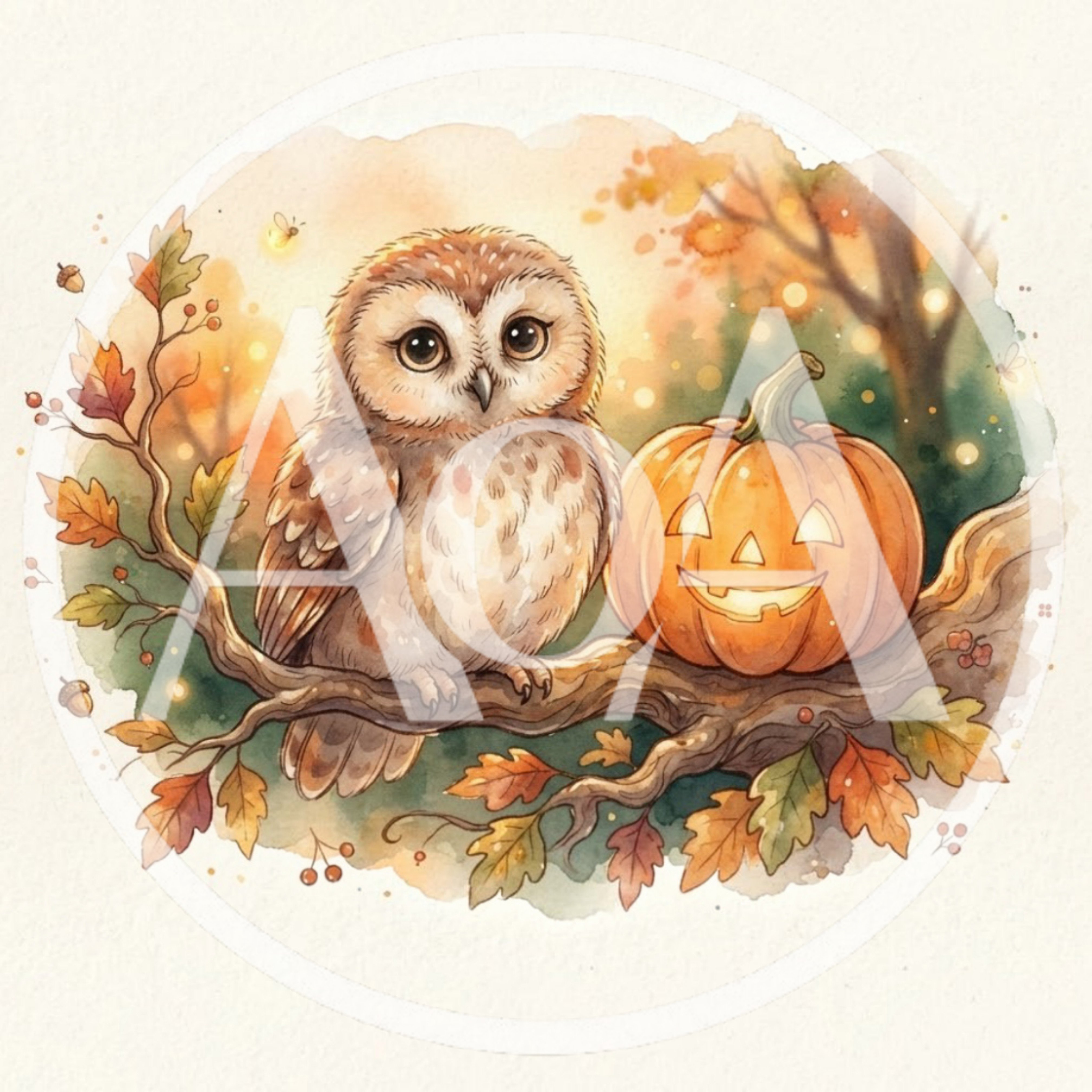 Watercolor Illustration Of A Cute Owl And Jack O Lantern