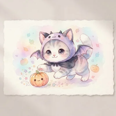 Cute Watercolor Kitten Wearing A Bat Costume