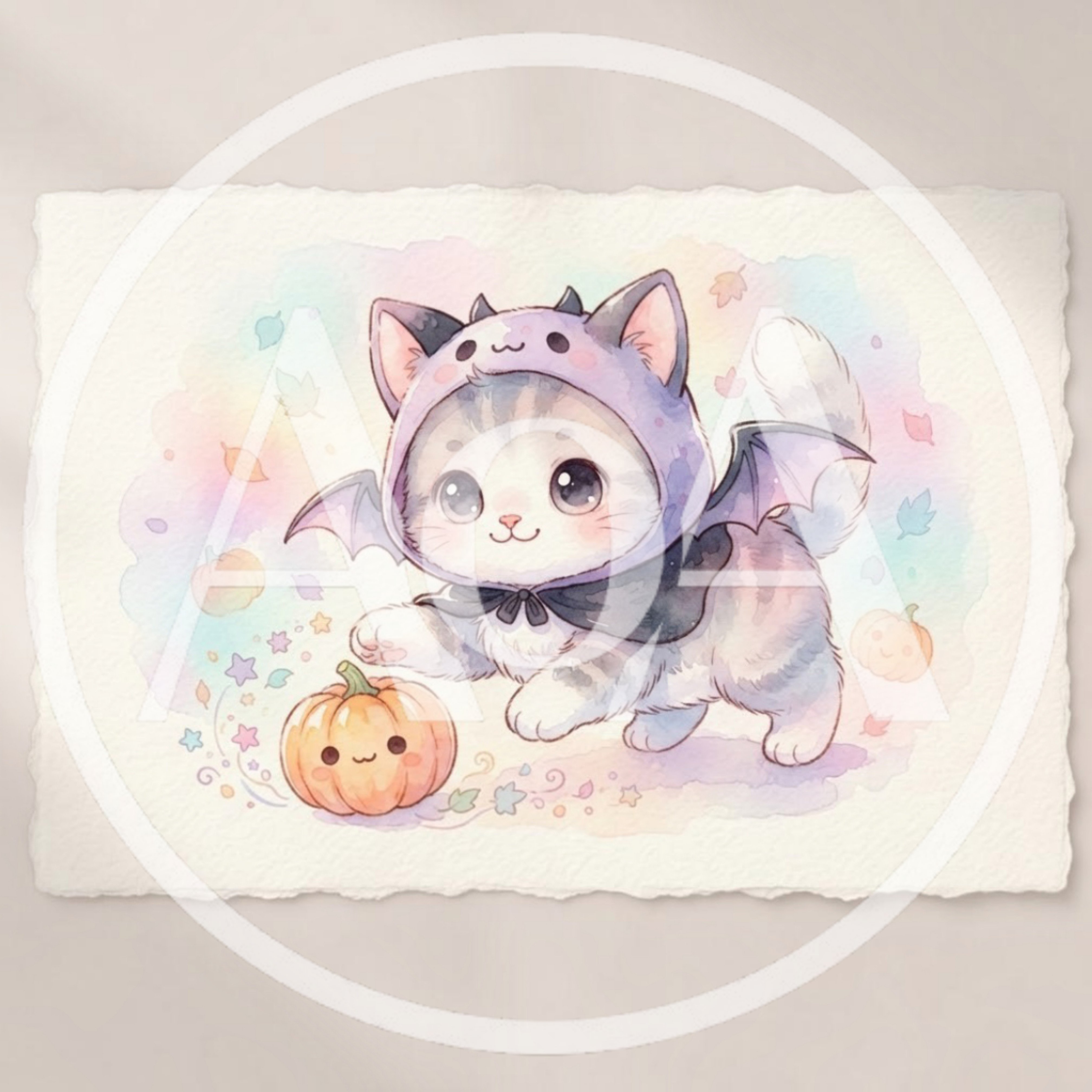 Cute Watercolor Kitten Wearing A Bat Costume
