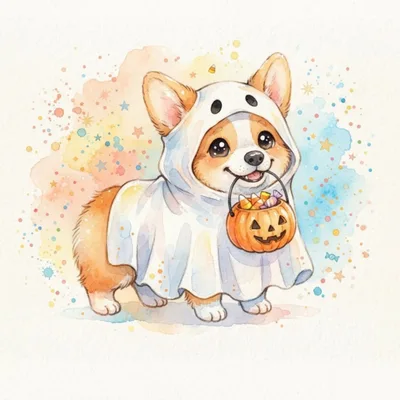 Watercolor Illustration Of A Corgi Dressed As A Ghost