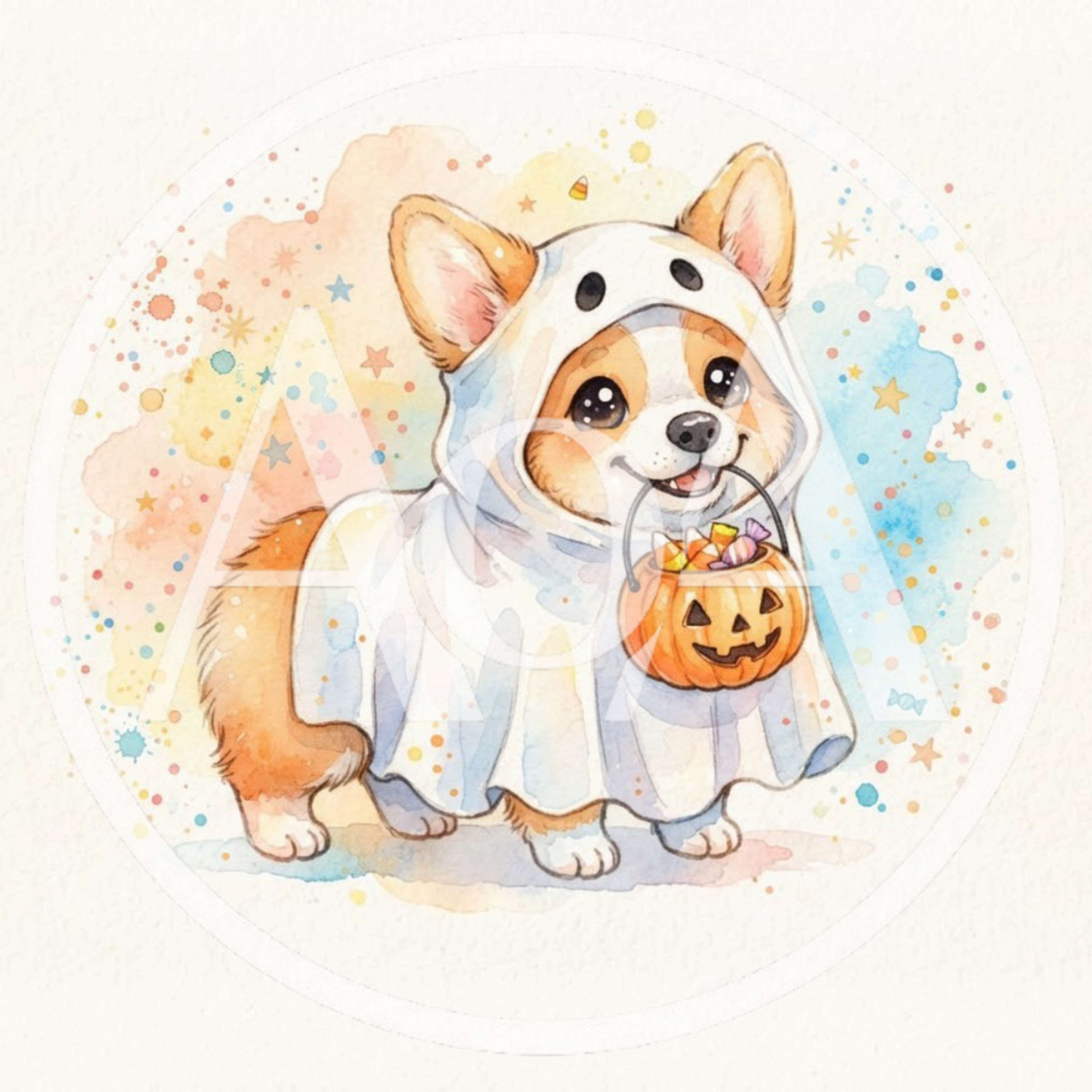 Watercolor Illustration Of A Corgi Dressed As A Ghost
