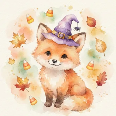 Watercolor Illustration Of A Cute Fox Wearing A Witch Hat