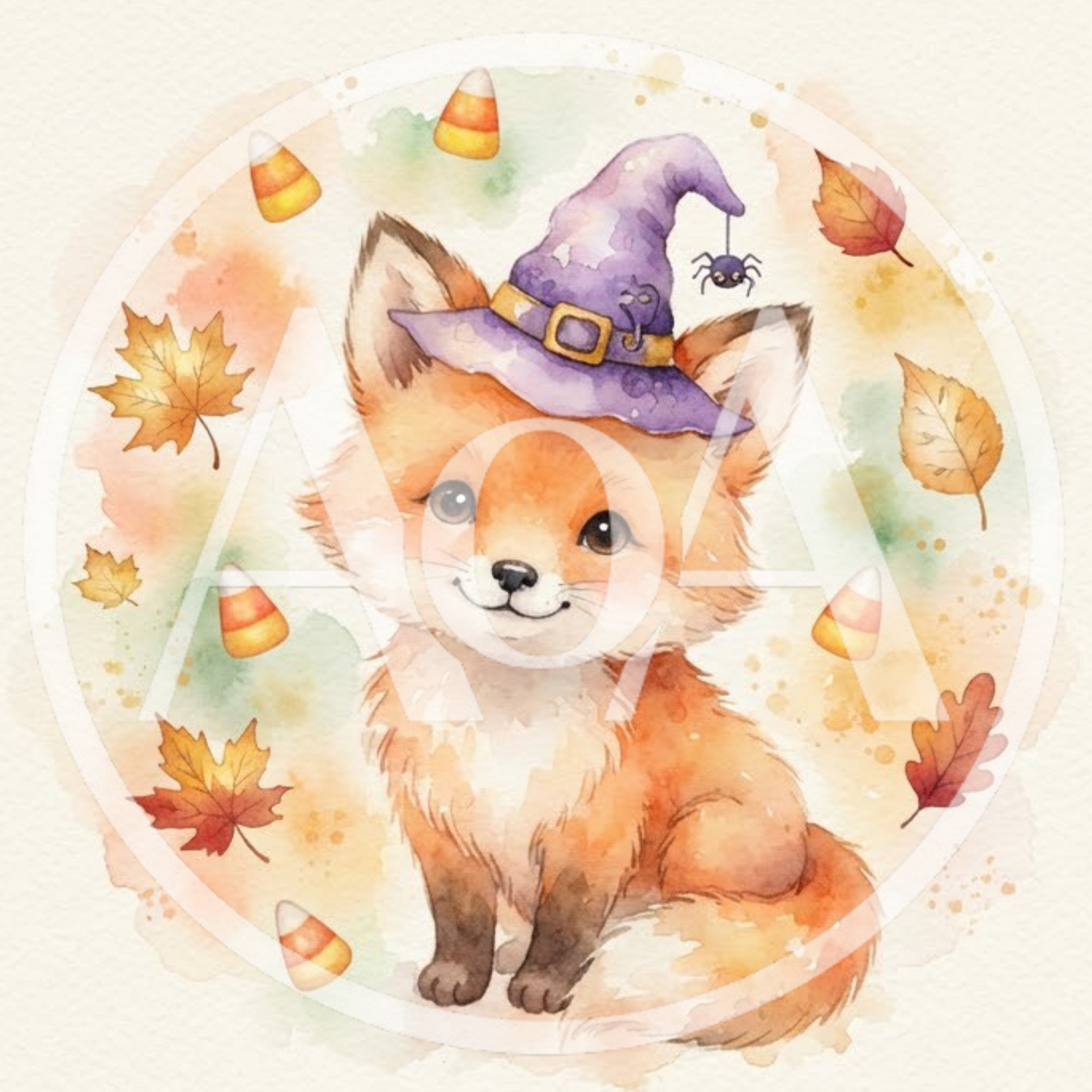 Watercolor Illustration Of A Cute Fox Wearing A Witch Hat