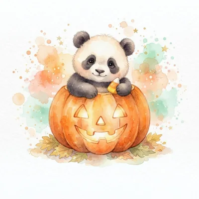 Cute Baby Panda Sitting Inside A Jack O Lantern